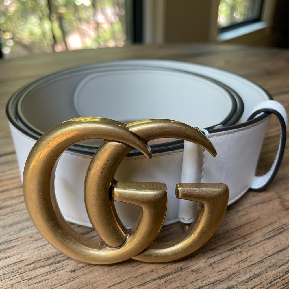 Gucci Calfskin Double G Belt 85 34 Mystic White Antiqued Brass Hardware